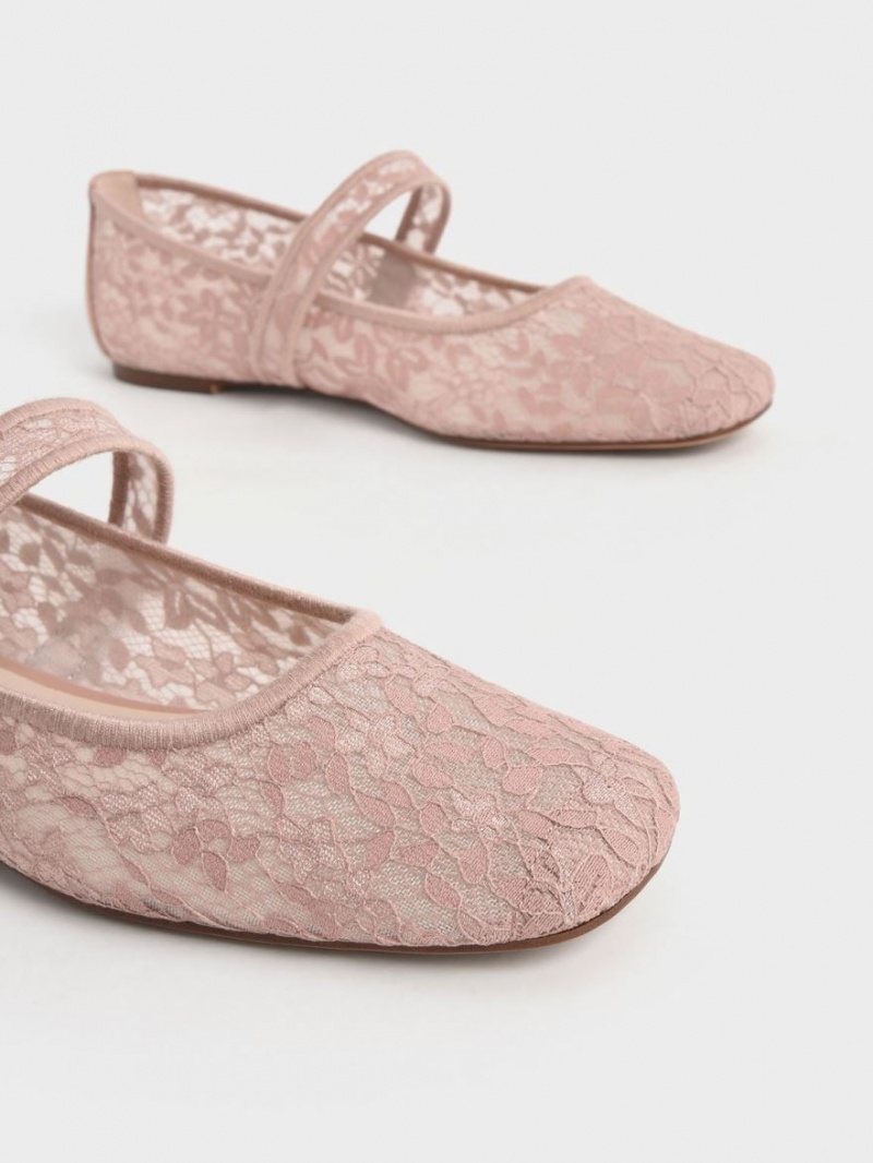 Παπουτσια Μπαλαρινεσ Charles And Keith δαντελα & Mesh Mary Jane ροζ | 91028-JTUS