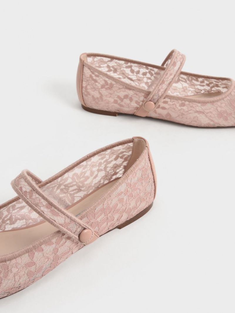 Παπουτσια Μπαλαρινεσ Charles And Keith δαντελα & Mesh Mary Jane ροζ | 91028-JTUS