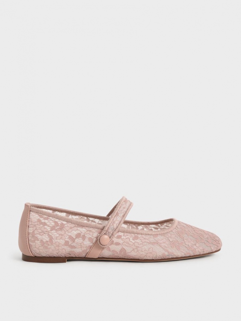 Παπουτσια Μπαλαρινεσ Charles And Keith δαντελα & Mesh Mary Jane ροζ | 91028-JTUS
