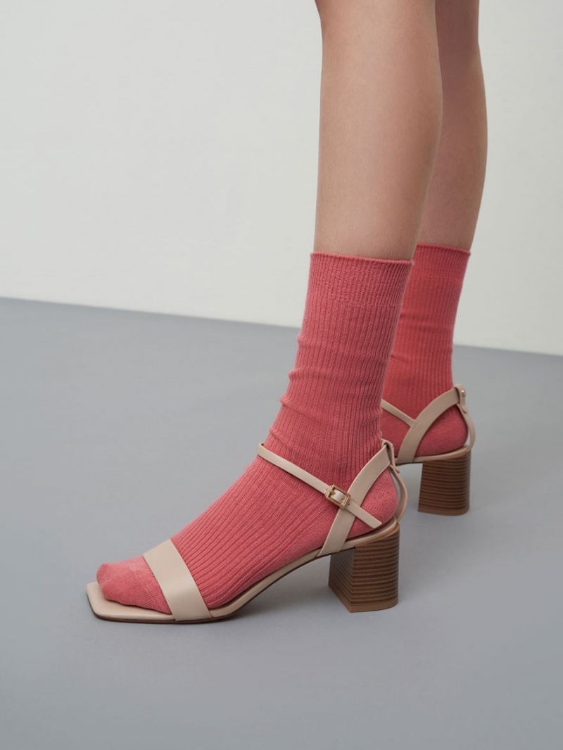 σανδαλια με τακουνι Charles And Keith Ankle λουρακια Stacked Μπεζ | 24158-ESRW