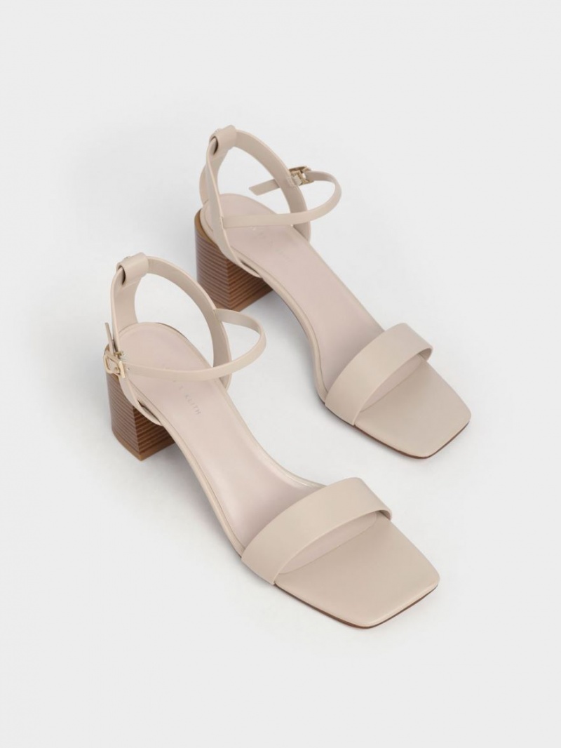 σανδαλια με τακουνι Charles And Keith Ankle λουρακια Stacked Μπεζ | 24158-ESRW