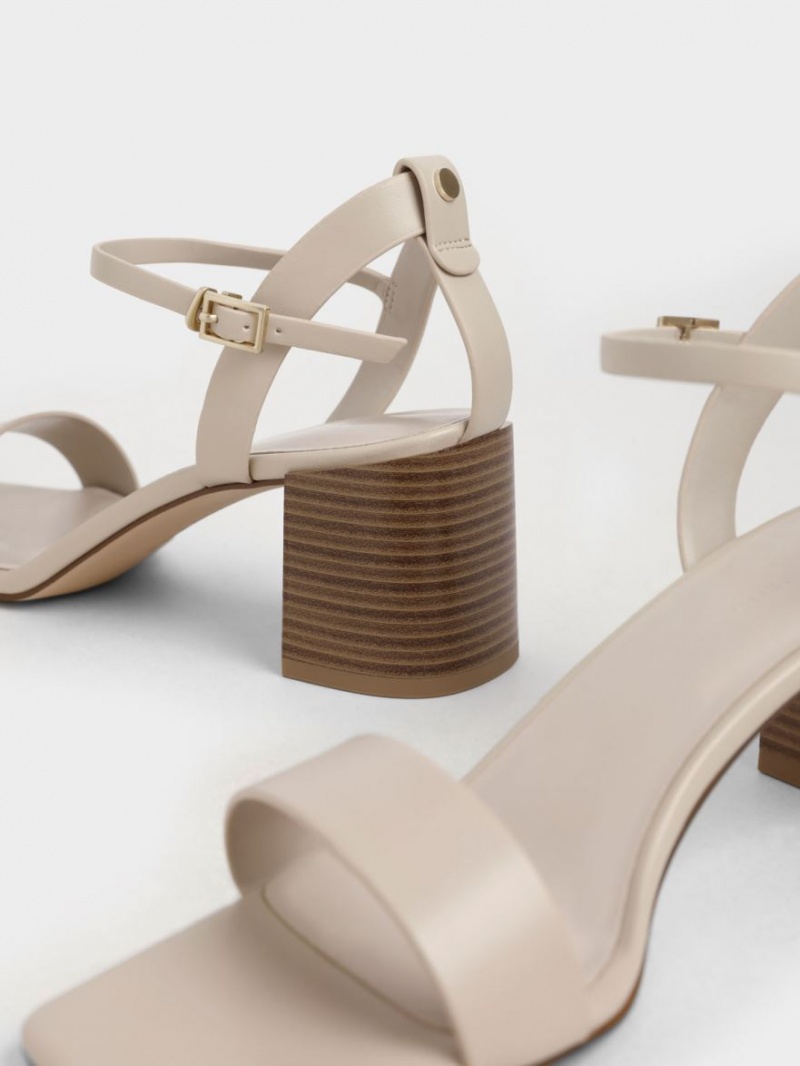 σανδαλια με τακουνι Charles And Keith Ankle λουρακια Stacked Μπεζ | 24158-ESRW
