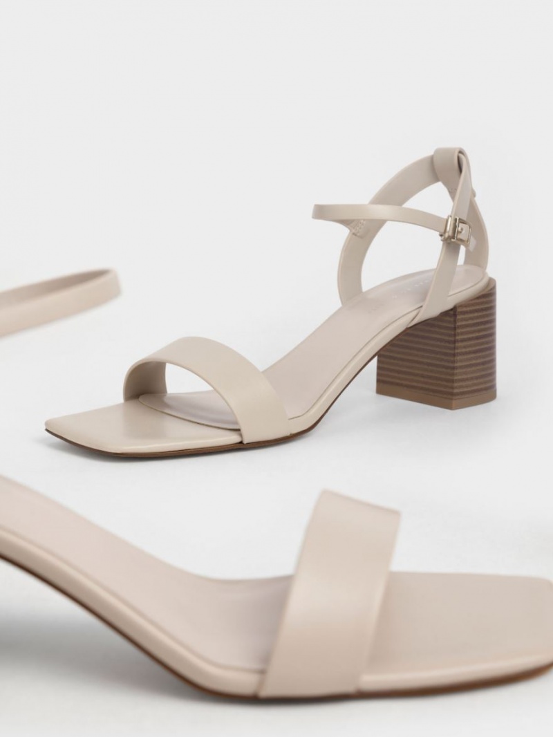 σανδαλια με τακουνι Charles And Keith Ankle λουρακια Stacked Μπεζ | 24158-ESRW