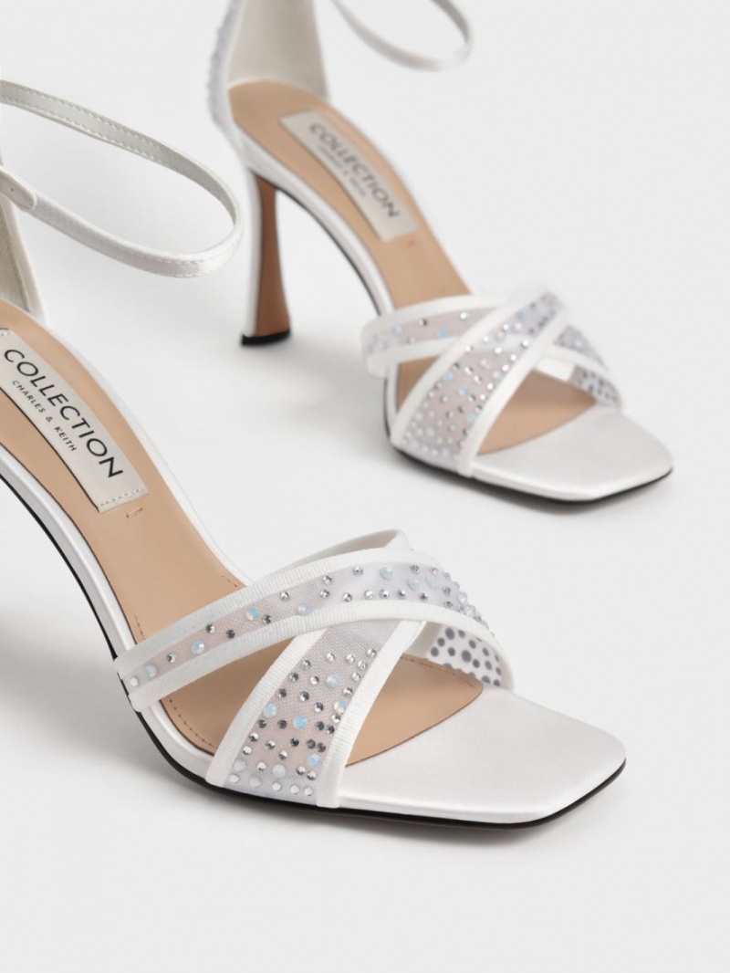 σανδαλια με τακουνι Charles And Keith Blythe Mesh & Satin Embellished ασπρα | 72563-OUVW