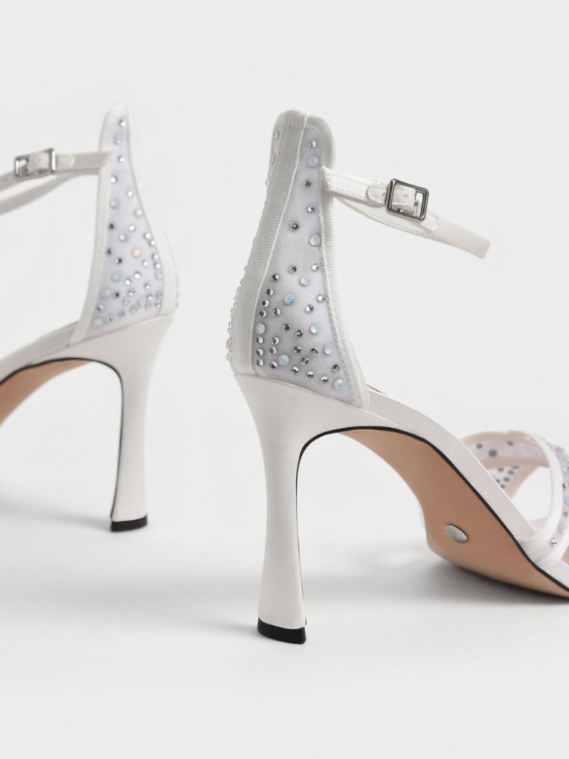 σανδαλια με τακουνι Charles And Keith Blythe Mesh & Satin Embellished ασπρα | 72563-OUVW