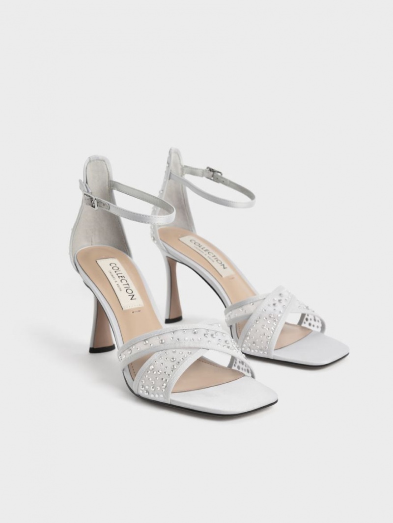 σανδαλια με τακουνι Charles And Keith Blythe Mesh & Satin Embellished ασημι | 54781-DKYR