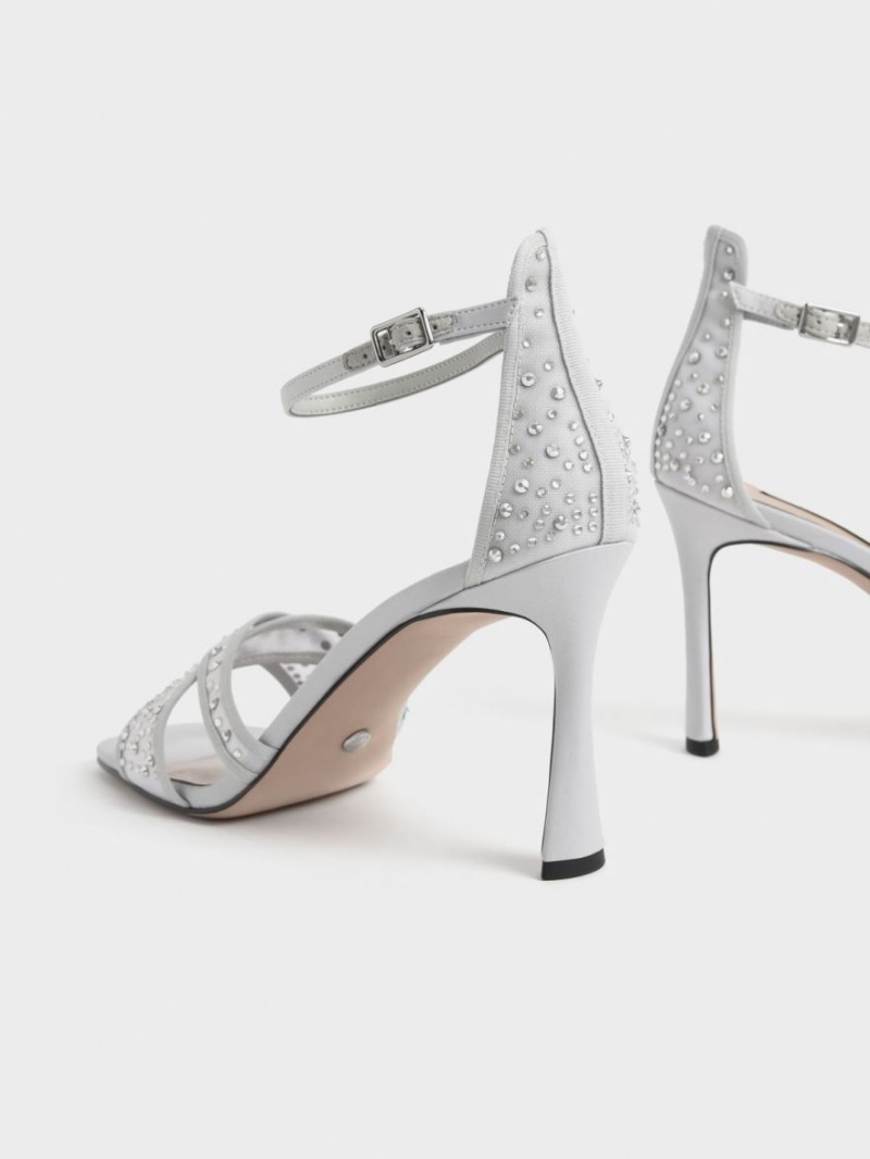 σανδαλια με τακουνι Charles And Keith Blythe Mesh & Satin Embellished ασημι | 54781-DKYR