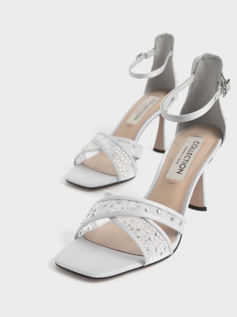 σανδαλια με τακουνι Charles And Keith Blythe Mesh & Satin Embellished ασημι | 54781-DKYR