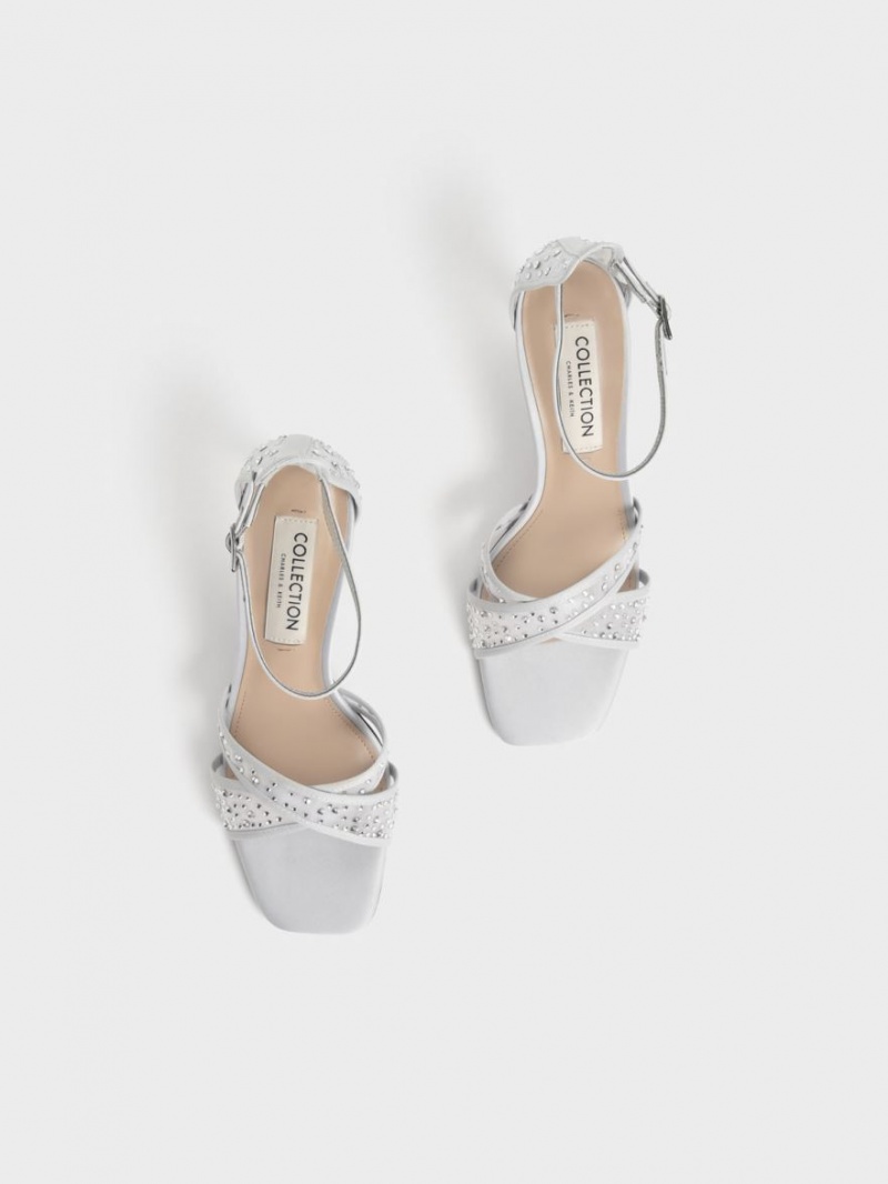 σανδαλια με τακουνι Charles And Keith Blythe Mesh & Satin Embellished ασημι | 54781-DKYR