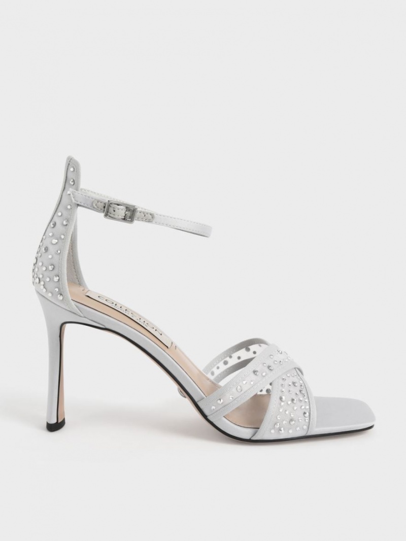 σανδαλια με τακουνι Charles And Keith Blythe Mesh & Satin Embellished ασημι | 54781-DKYR