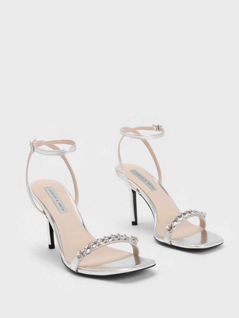 Σανδάλια Με Λουριά Charles And Keith Chain-Embellished Metallic Ankle ασημι | 83214-USTF