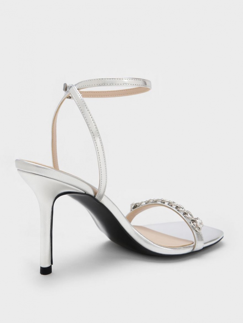 Σανδάλια Με Λουριά Charles And Keith Chain-Embellished Metallic Ankle ασημι | 83214-USTF