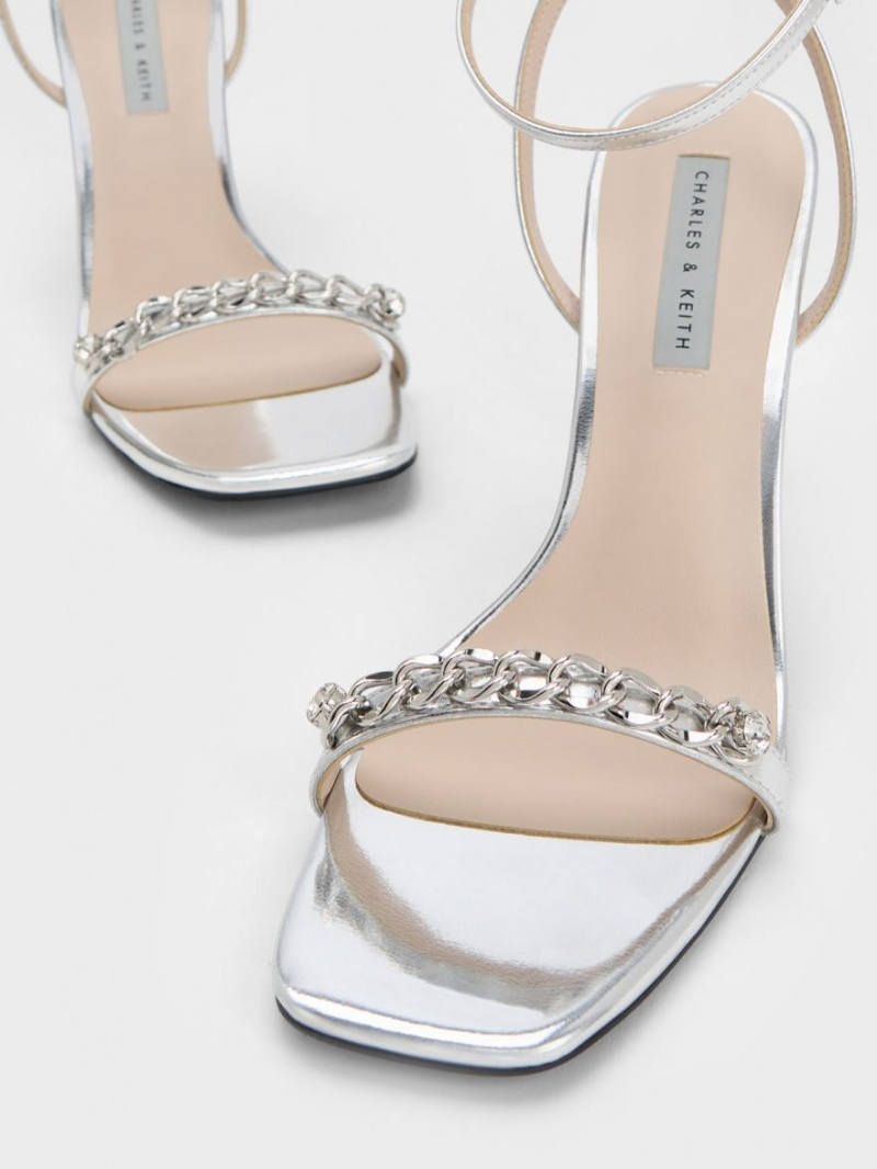 Σανδάλια Με Λουριά Charles And Keith Chain-Embellished Metallic Ankle ασημι | 83214-USTF