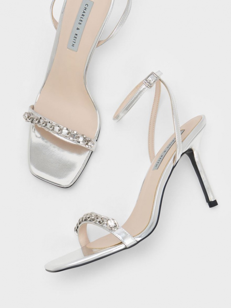 Σανδάλια Με Λουριά Charles And Keith Chain-Embellished Metallic Ankle ασημι | 83214-USTF