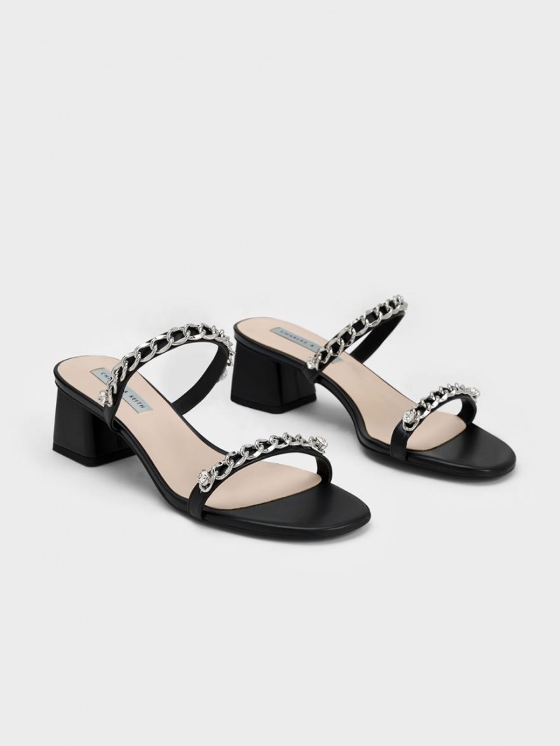 σανδαλια με τακουνι Charles And Keith Chain-Link Block μαυρα | 63245-VWSH
