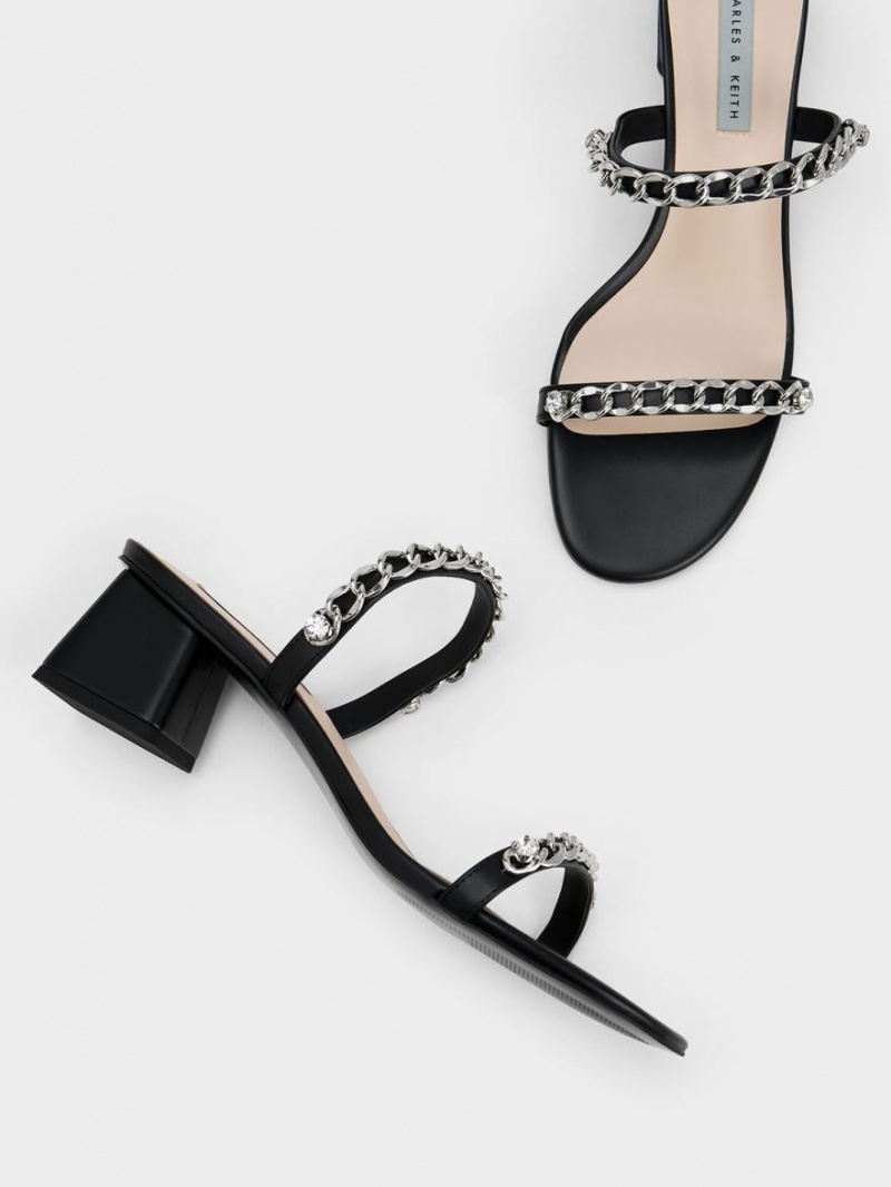 σανδαλια με τακουνι Charles And Keith Chain-Link Block μαυρα | 63245-VWSH