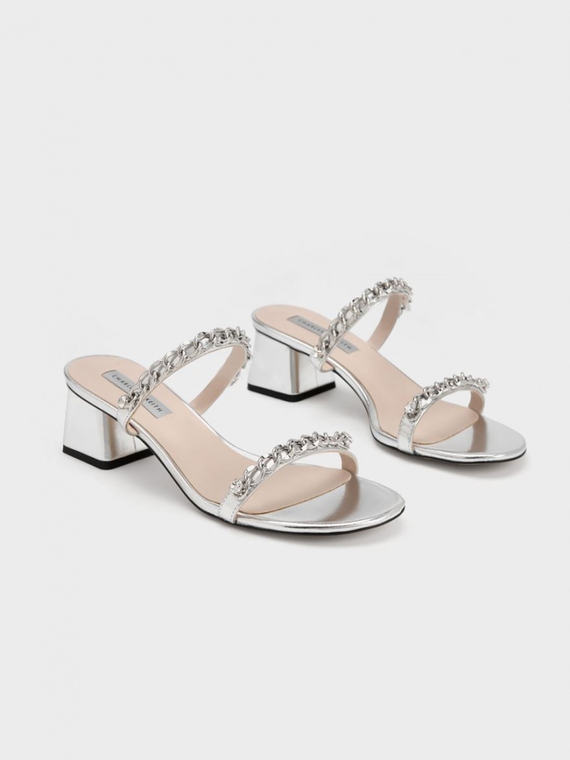 σανδαλια με τακουνι Charles And Keith Chain-Link Block ασημι | 61840-NDPF