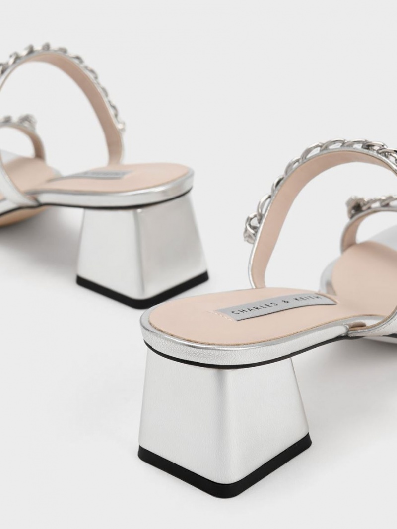 σανδαλια με τακουνι Charles And Keith Chain-Link Block ασημι | 61840-NDPF