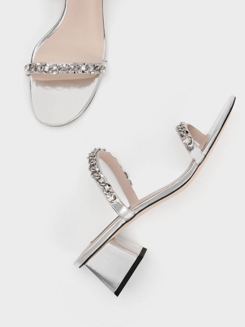 σανδαλια με τακουνι Charles And Keith Chain-Link Block ασημι | 61840-NDPF