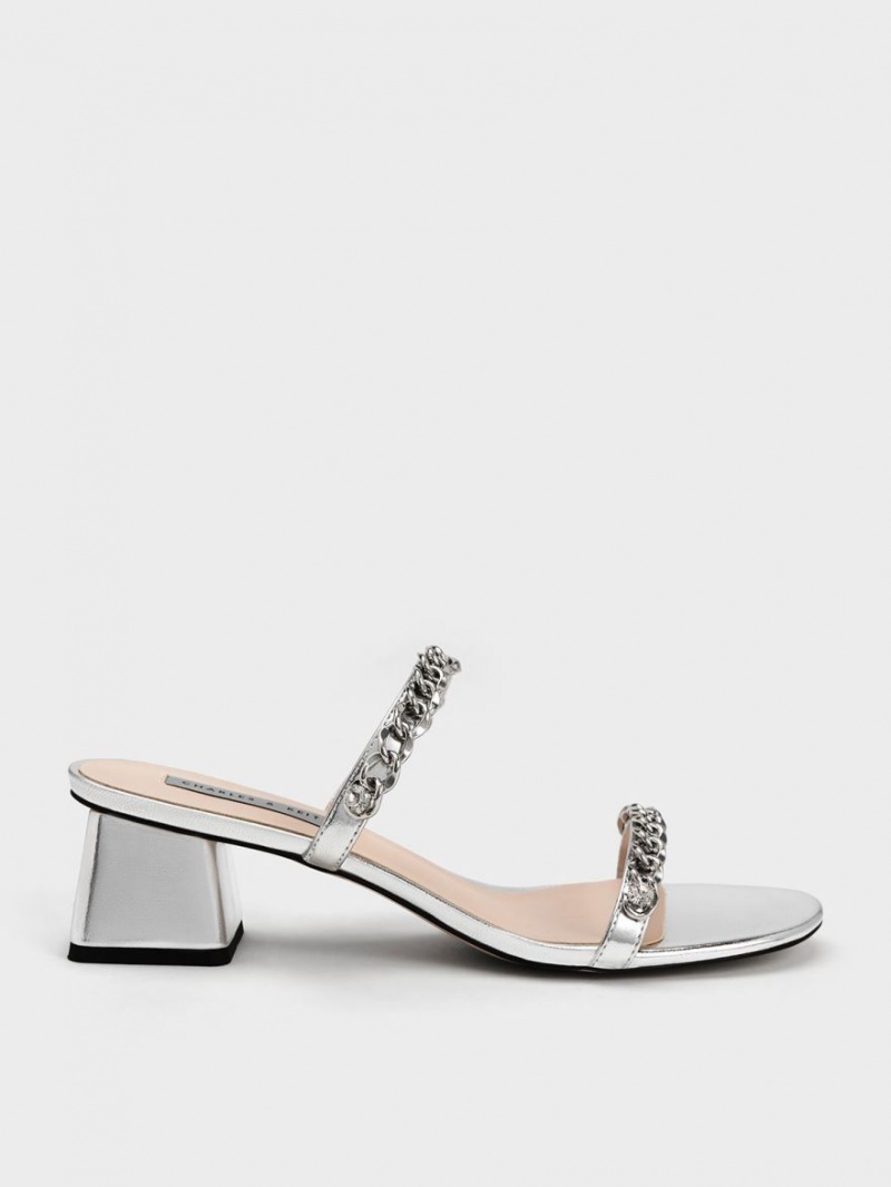 σανδαλια με τακουνι Charles And Keith Chain-Link Block ασημι | 61840-NDPF
