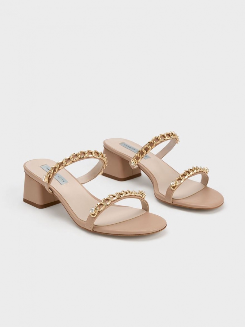 σανδαλια με τακουνι Charles And Keith Chain-Link Block Μπεζ | 94768-BWIE