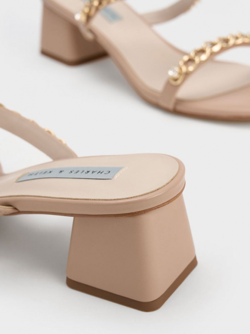 σανδαλια με τακουνι Charles And Keith Chain-Link Block Μπεζ | 94768-BWIE