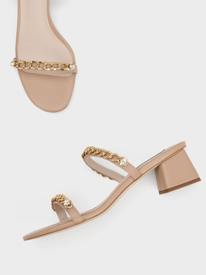 σανδαλια με τακουνι Charles And Keith Chain-Link Block Μπεζ | 94768-BWIE