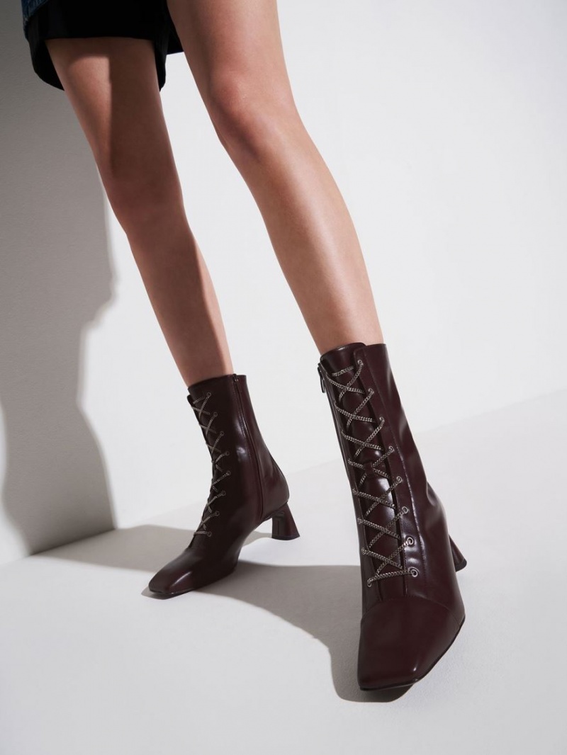 μποτεσ με κορδονια Charles And Keith Chain Calf μπορντο | 12863-WFDY