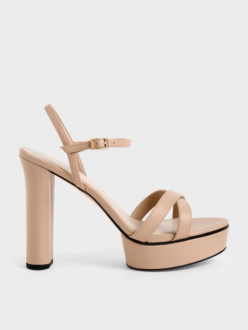 σανδαλια με τακουνι Charles And Keith Crossover flatforms Μπεζ | 15962-LVDC