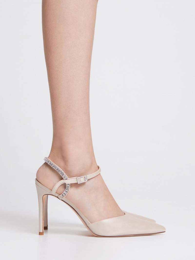 σανδαλια με τακουνι Charles And Keith Embellished Back λουρακια Μπεζ | 80123-NBUT