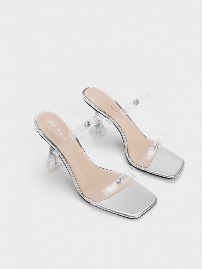 σανδαλια με τακουνι Charles And Keith Embellished Bow See-Through ασημι | 78924-HFJA