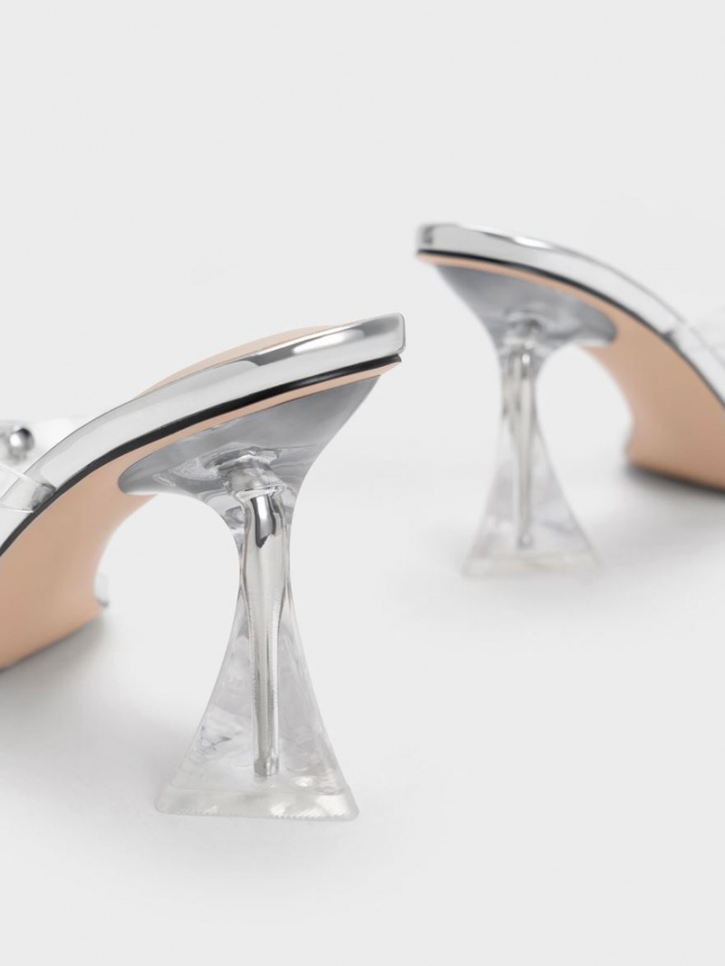 σανδαλια με τακουνι Charles And Keith Embellished Bow See-Through ασημι | 78924-HFJA