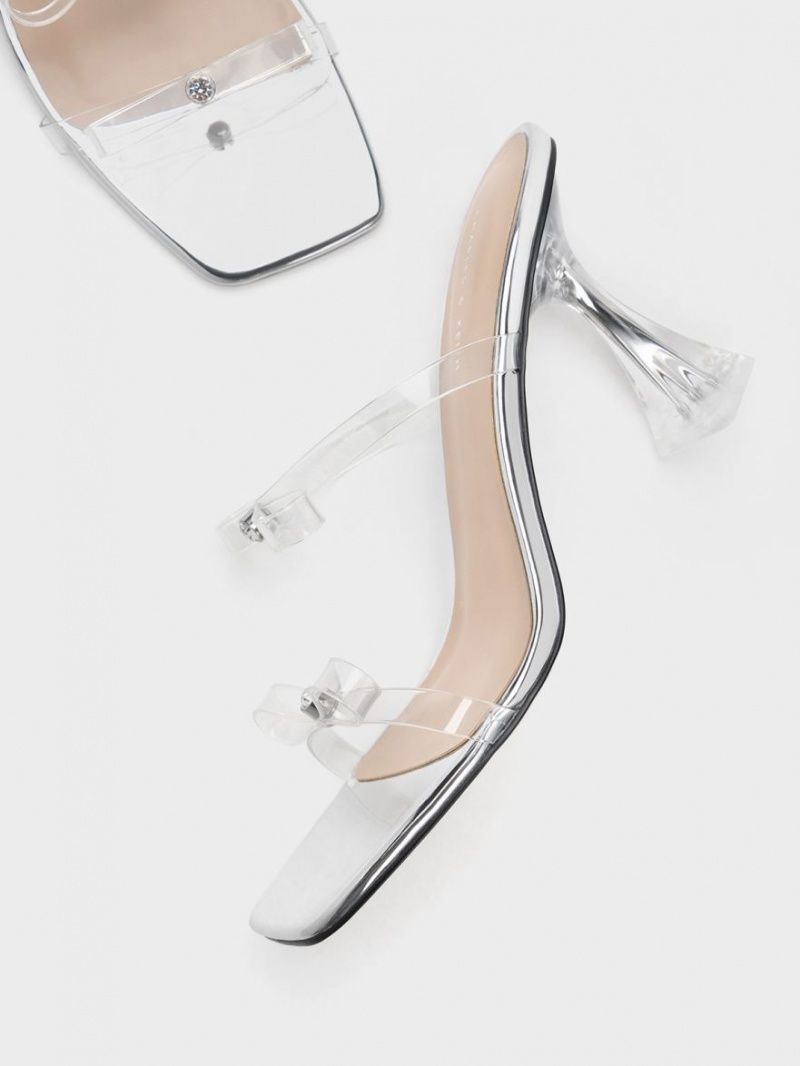 σανδαλια με τακουνι Charles And Keith Embellished Bow See-Through ασημι | 78924-HFJA