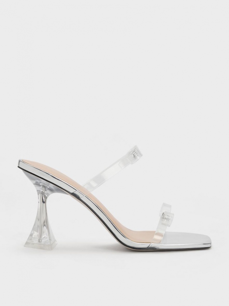 σανδαλια με τακουνι Charles And Keith Embellished Bow See-Through ασημι | 78924-HFJA