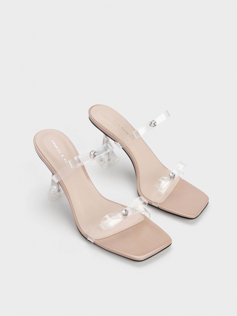 σανδαλια με τακουνι Charles And Keith Embellished Bow See-Through Μπεζ | 84079-LCXB