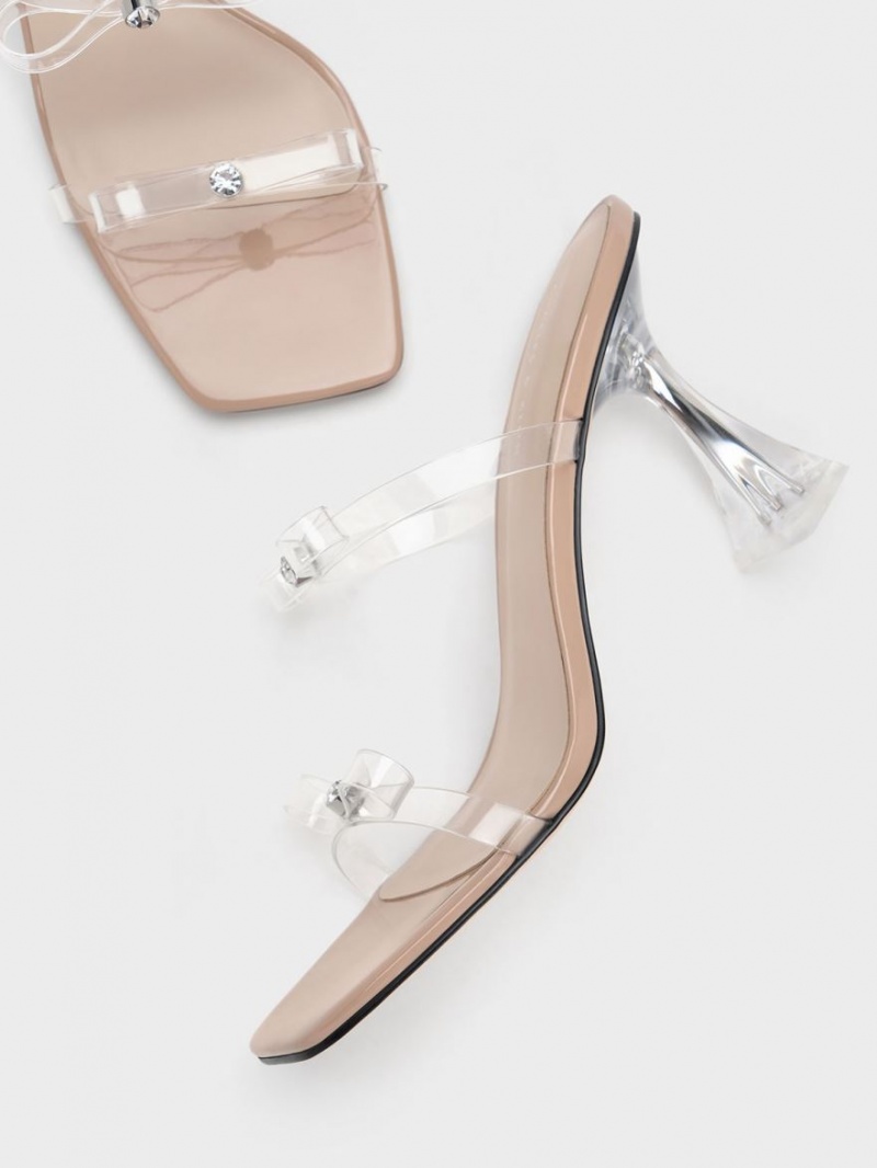 σανδαλια με τακουνι Charles And Keith Embellished Bow See-Through Μπεζ | 84079-LCXB