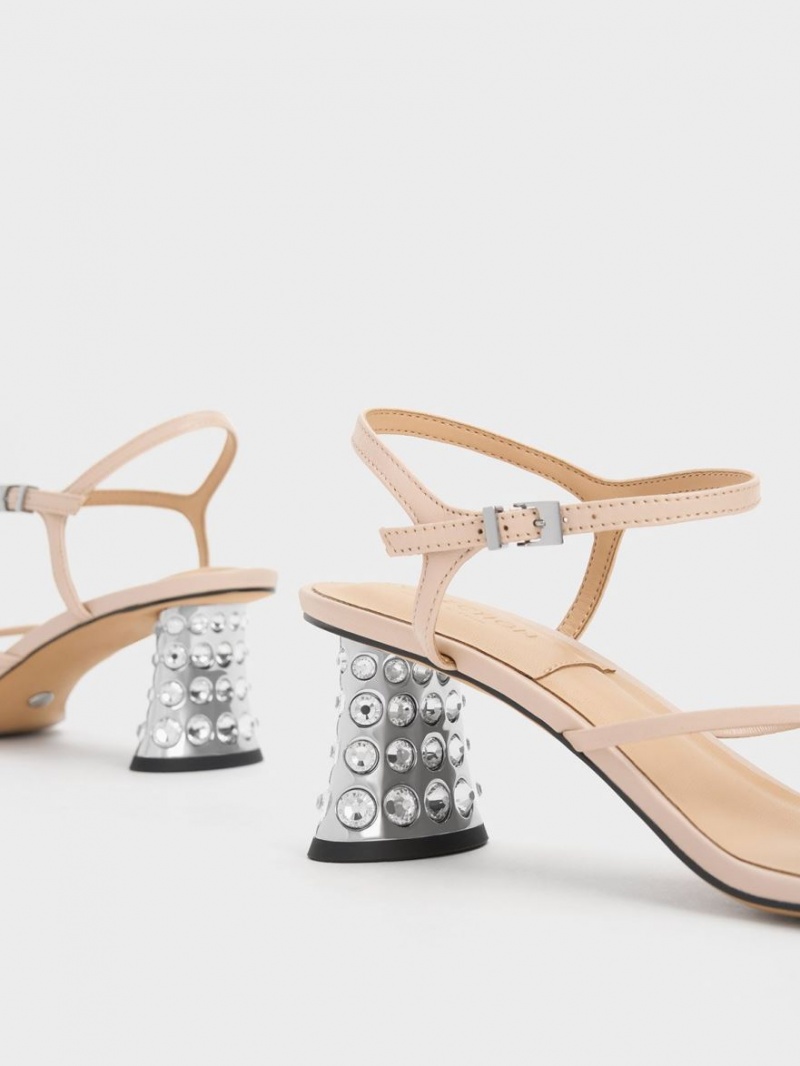 σανδαλια με τακουνι Charles And Keith Embellished Heel δερματινα Μπεζ | 58963-KVEO