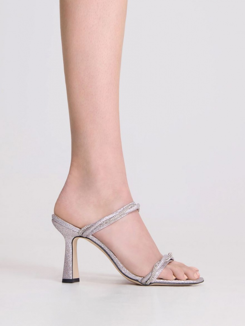 σανδαλια με τακουνι Charles And Keith Embellished Twisted λουρακια Glittered ασημι | 46523-KCET