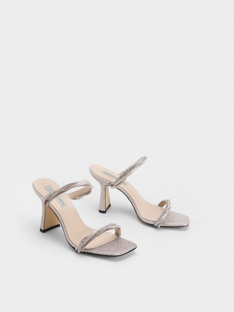 σανδαλια με τακουνι Charles And Keith Embellished Twisted λουρακια Glittered ασημι | 46523-KCET