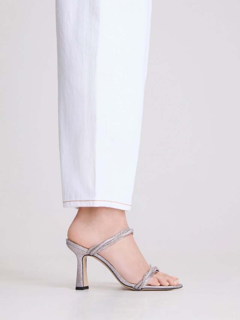 σανδαλια με τακουνι Charles And Keith Embellished Twisted λουρακια Glittered ασημι | 46523-KCET