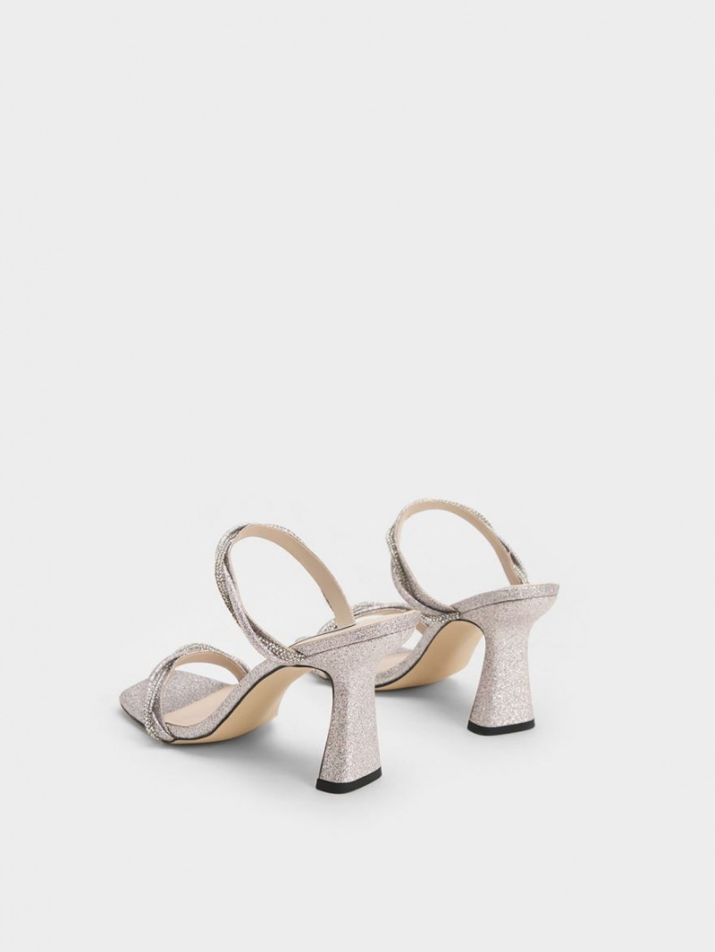 σανδαλια με τακουνι Charles And Keith Embellished Twisted λουρακια Glittered ασημι | 46523-KCET