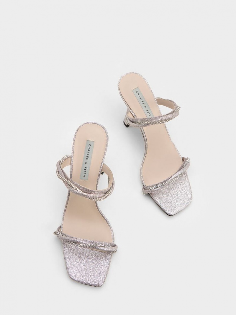 σανδαλια με τακουνι Charles And Keith Embellished Twisted λουρακια Glittered ασημι | 46523-KCET
