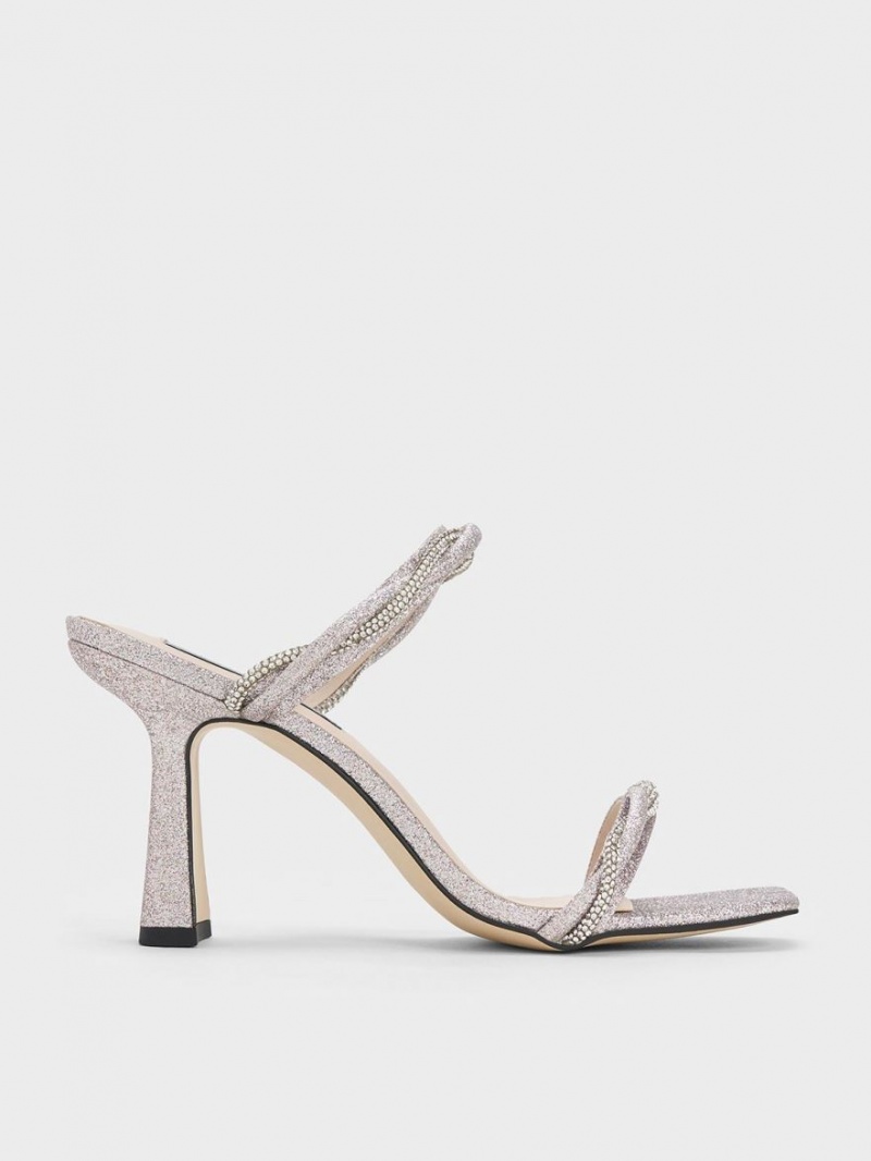 σανδαλια με τακουνι Charles And Keith Embellished Twisted λουρακια Glittered ασημι | 46523-KCET