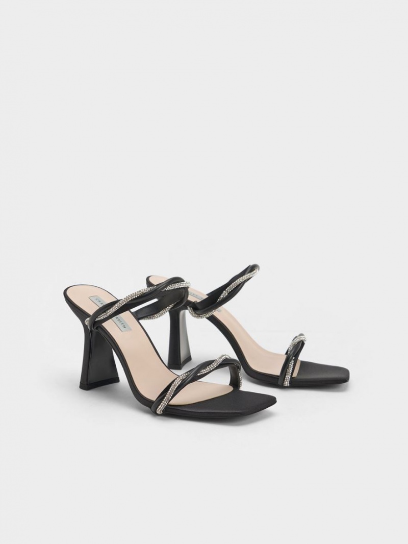 σανδαλια με τακουνι Charles And Keith Embellished Twisted λουρακια Satin μαυρα | 40978-RNFD