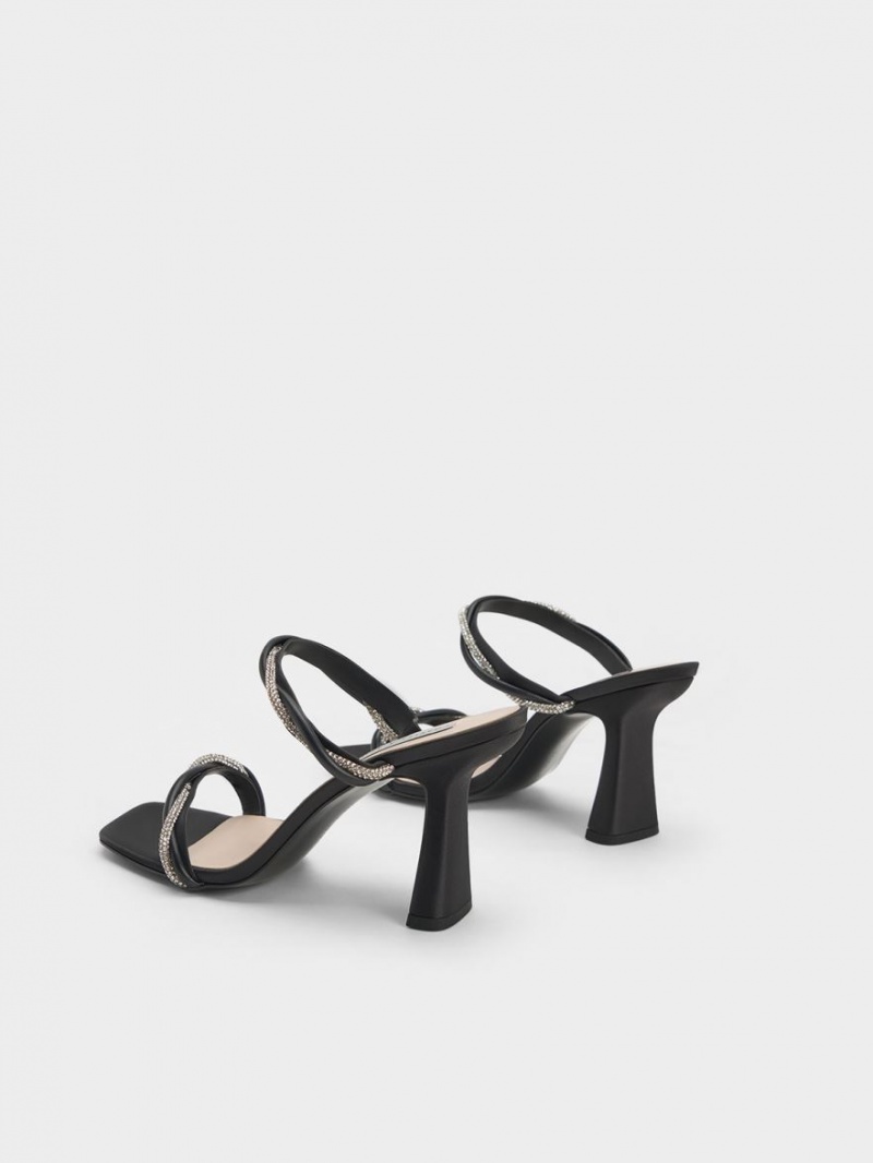 σανδαλια με τακουνι Charles And Keith Embellished Twisted λουρακια Satin μαυρα | 40978-RNFD