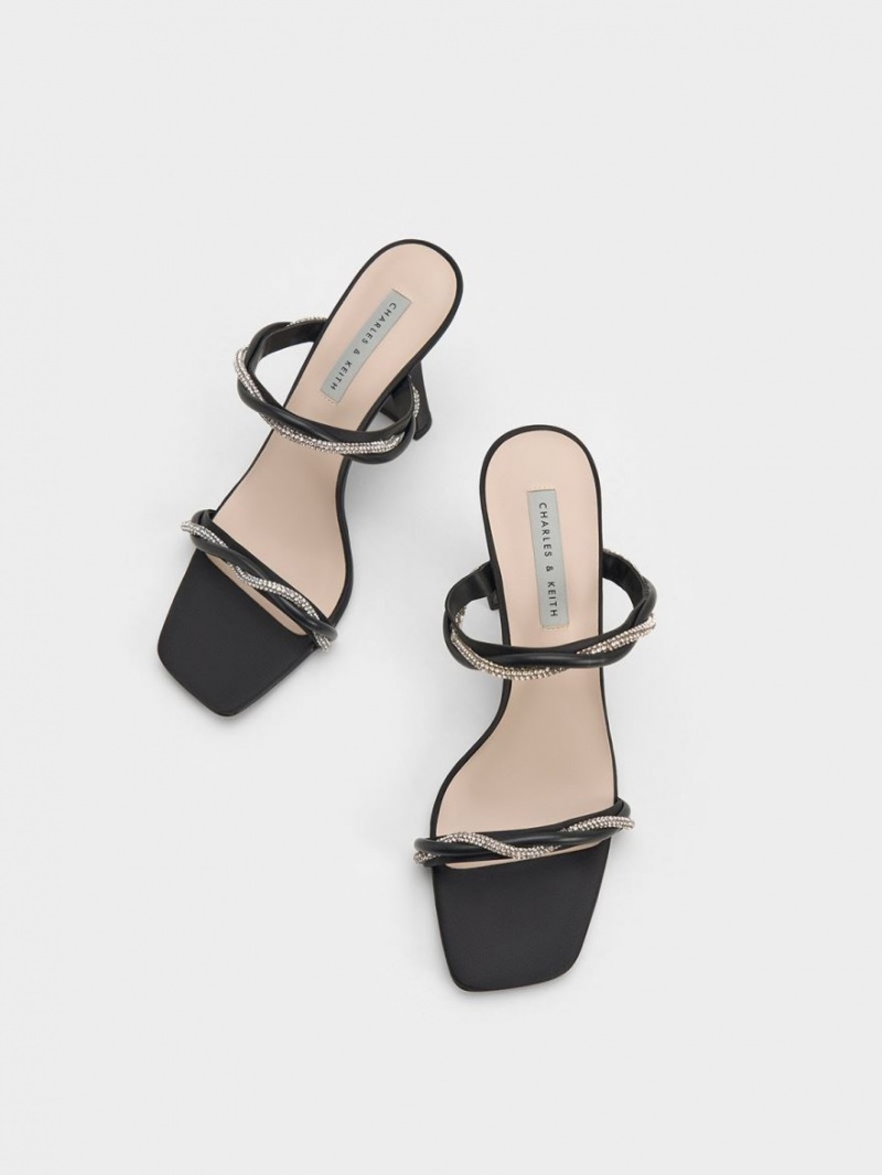 σανδαλια με τακουνι Charles And Keith Embellished Twisted λουρακια Satin μαυρα | 40978-RNFD