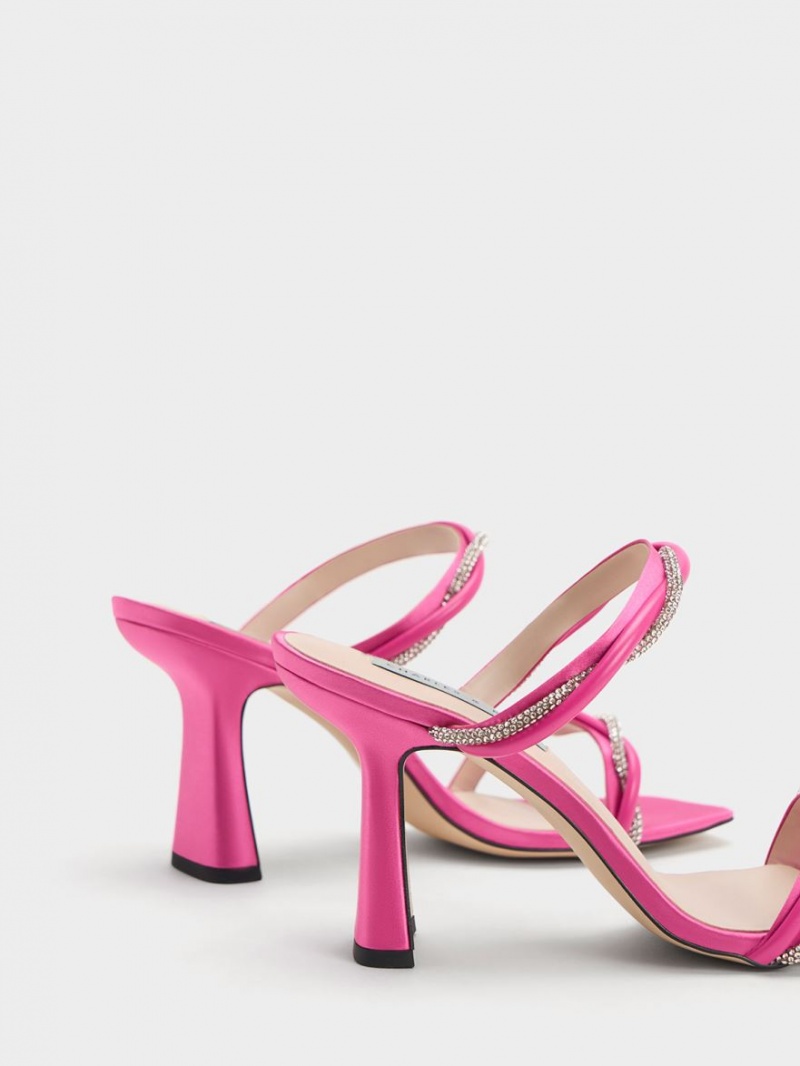 σανδαλια με τακουνι Charles And Keith Embellished Twisted λουρακια Satin ροζ | 02793-GCKA