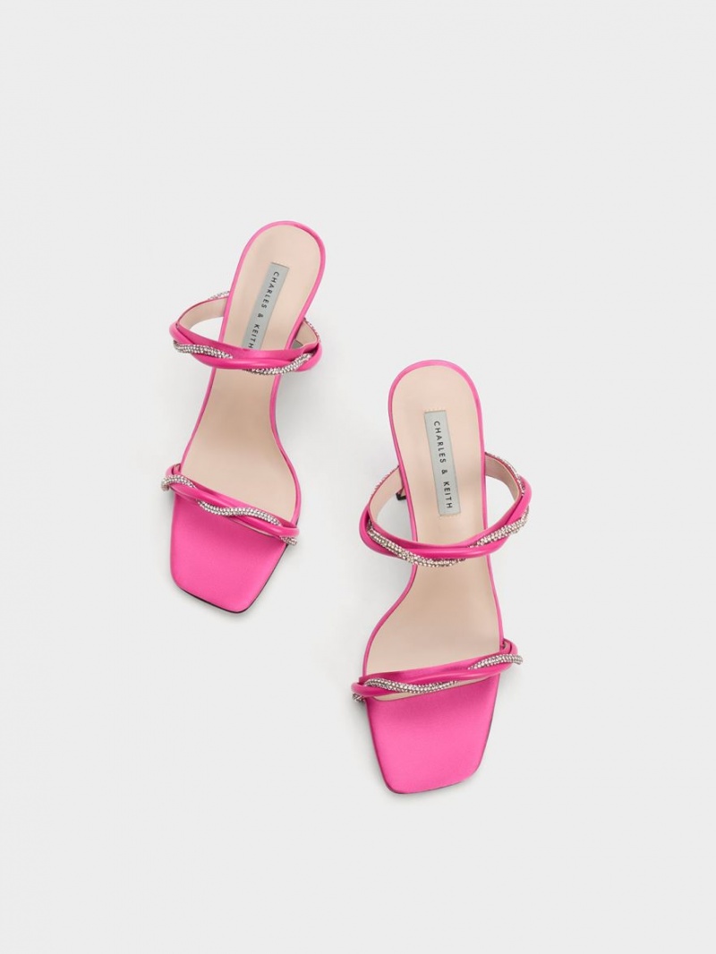 σανδαλια με τακουνι Charles And Keith Embellished Twisted λουρακια Satin ροζ | 02793-GCKA
