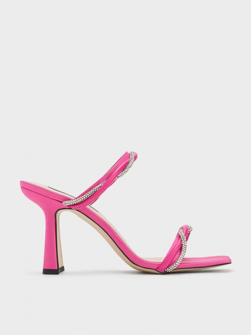σανδαλια με τακουνι Charles And Keith Embellished Twisted λουρακια Satin ροζ | 02793-GCKA