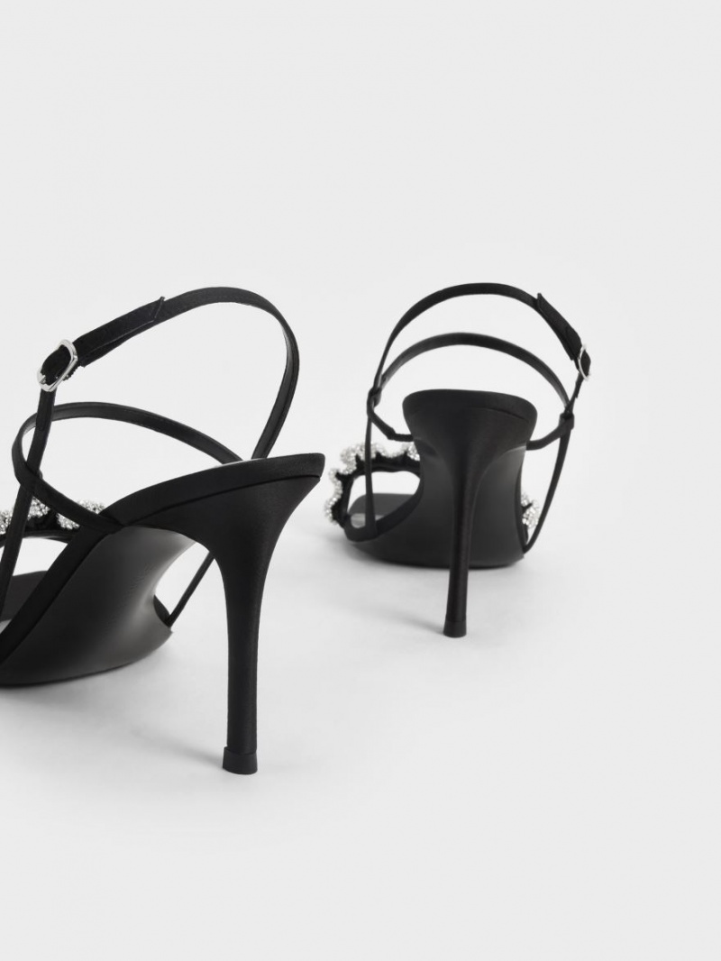 σανδαλια με τακουνι Charles And Keith Gem-Embellished Satin Stiletto μαυρα | 13642-WFPA